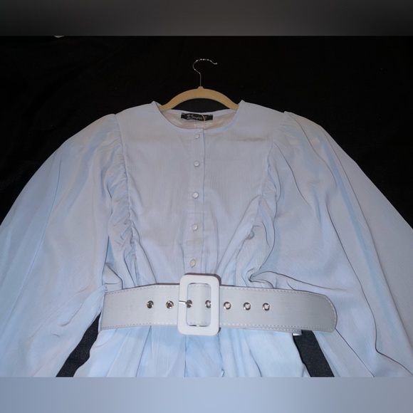 Long sleeve Ruffle Belted Dress in Winter Blue - Picture 9 of 13